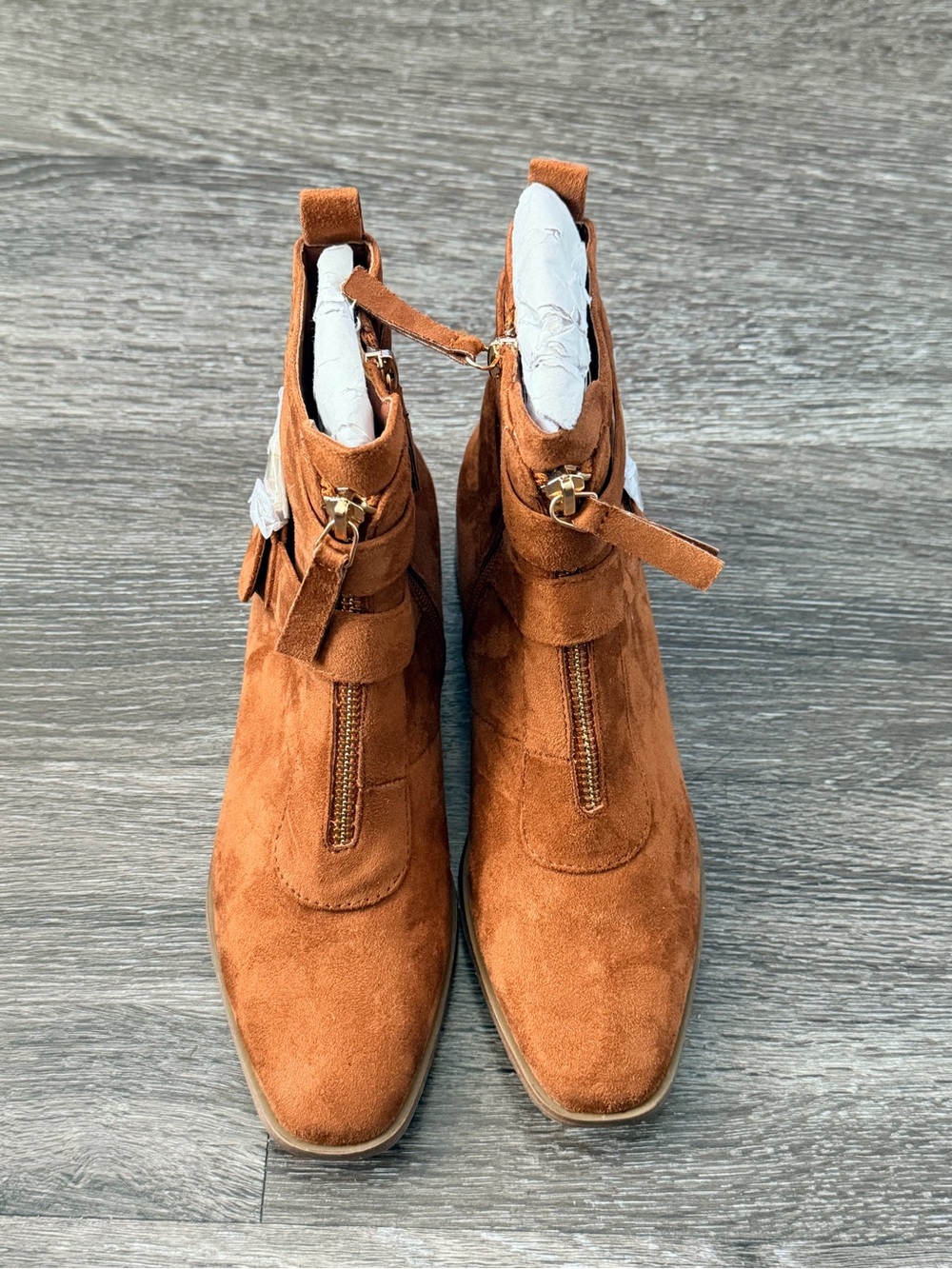 NWT Cognac Suede Ankle Booties Front Zip Buckle Low Block Heel Boots Size 5.5